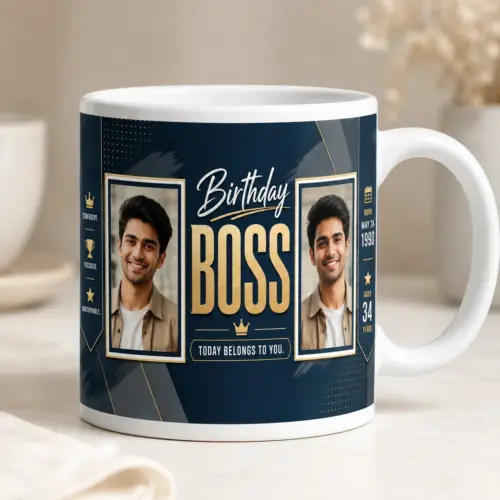 Personalized Birthday Boss photo mug for him with 2 photo navy blue gold design on 325ml ceramic mug
