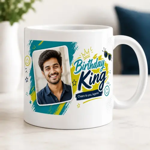 Personalized Birthday King photo mug for him with 1 photo teal green design on 325ml ceramic mug