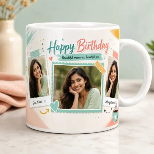 Personalized birthday memories photo mug for her with 3 photo pastel design on 325ml ceramic mug