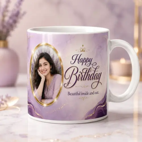 Personalized birthday photo mug for her with Beautiful inside and out purple gold design on 325ml ceramic mug