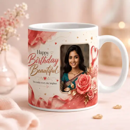 Personalized birthday photo mug for her with Happy Birthday Beautiful floral design on 325ml ceramic mug
