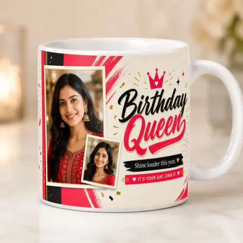 Personalized Birthday Queen photo mug for her with 2 photo design on 325ml ceramic mug