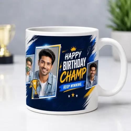 Personalized Happy Birthday Champ photo mug for him with 3 photo blue trophy design on 325ml ceramic mug