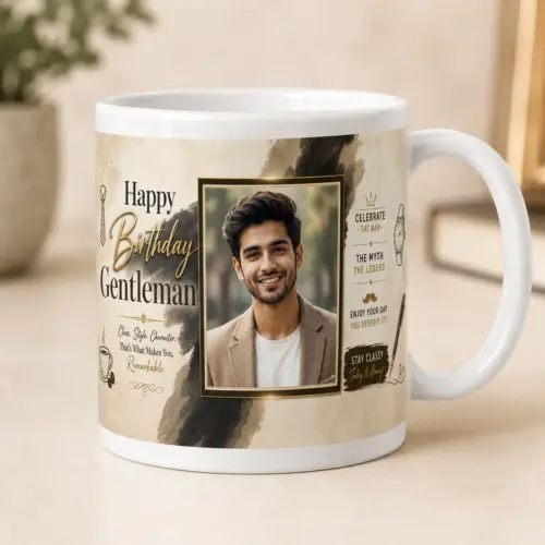 Personalized Happy Birthday Gentleman photo mug for him with 1 photo beige black gold design on 325ml ceramic mug