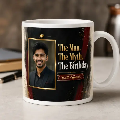Personalized The Man The Myth birthday photo mug for him with 1 photo black maroon gold design on 325ml ceramic mug