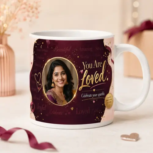 Personalized You Are Loved birthday photo mug for her with 1 photo maroon gold design on 325ml ceramic mug