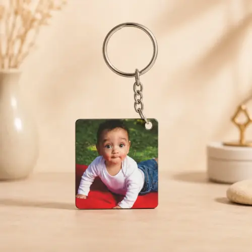 Personalized Square Shape Wood Photo Keychain
