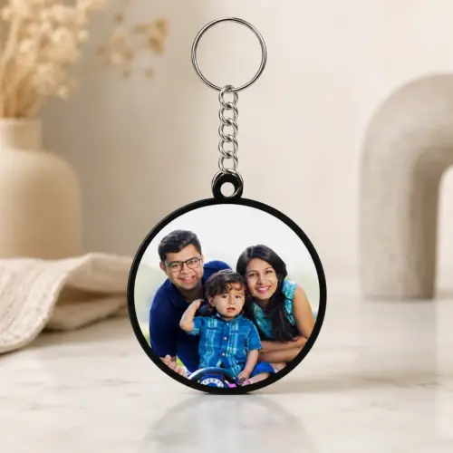 Personalized Black Round Shape Metal Photo Keychain