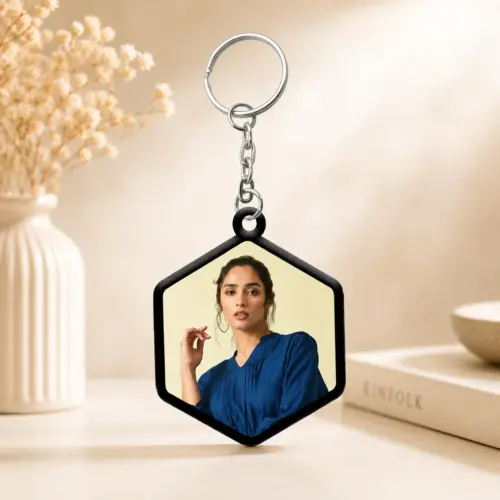 Personalized Black Hexagon Shape Metal Photo Keychain