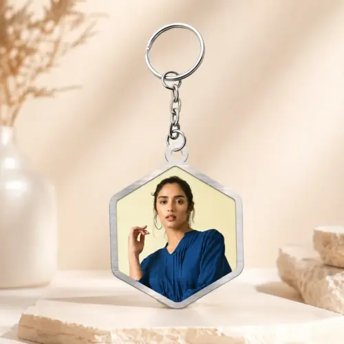 Personalized Hexagon Shape Metal Photo Keychain 2 Side Printing