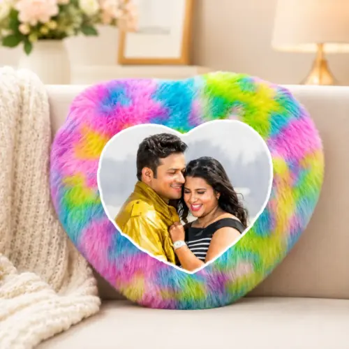 Personalized Rainbow Heart Fur Photo Cushion