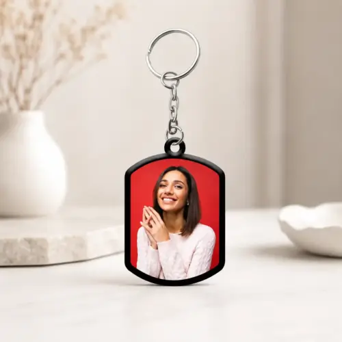 Personalized Black Rounded Shape Metal Photo Keychain 2 Side Printing